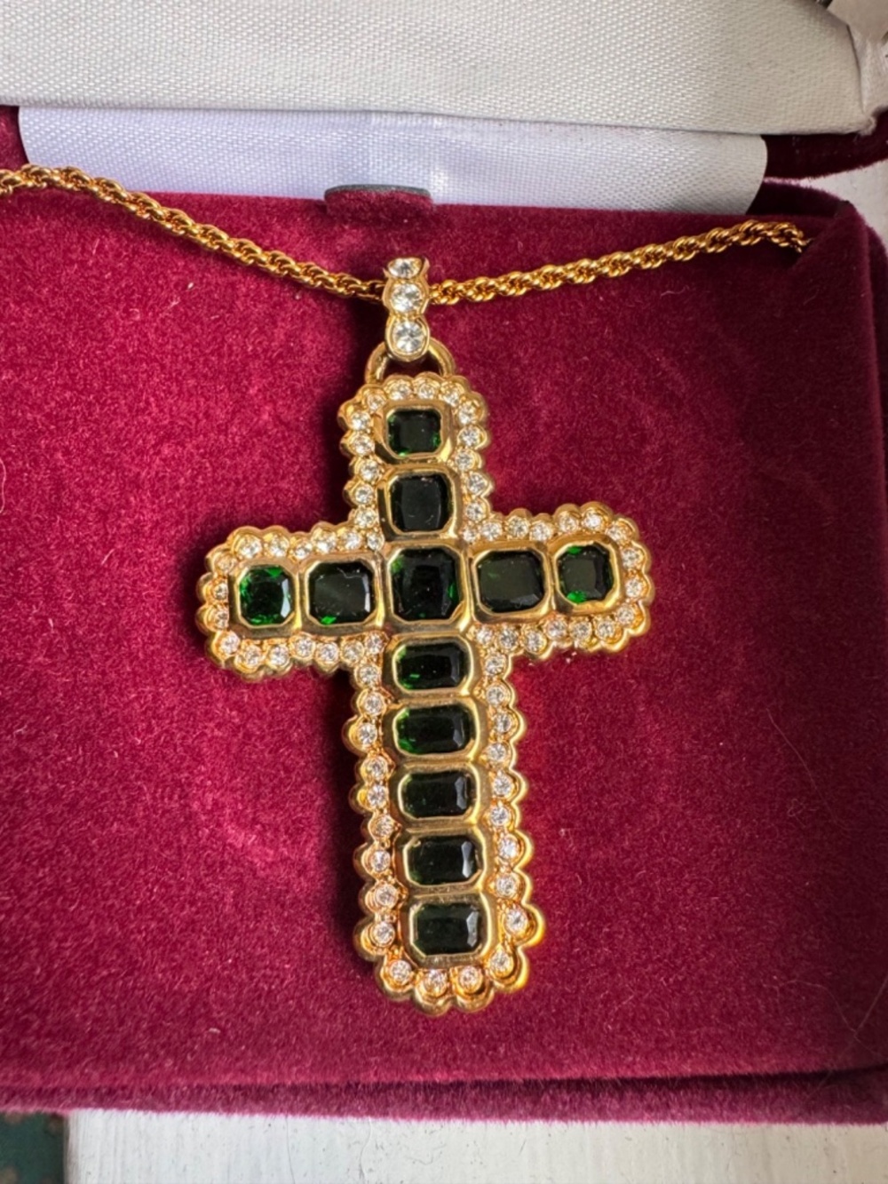 Camrose & Kross Gold Tone Green Square Stone Cross Pendant Rope Chain Necklace